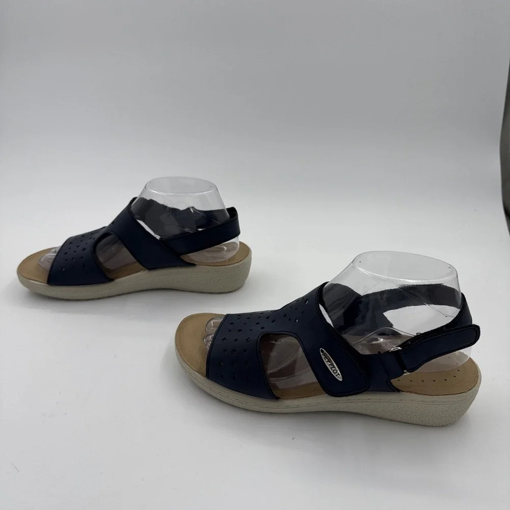 Fly Fot Women's Navy Blue Sandals Size 39 US 8 -8.5 Anatomic Strappy Wedge